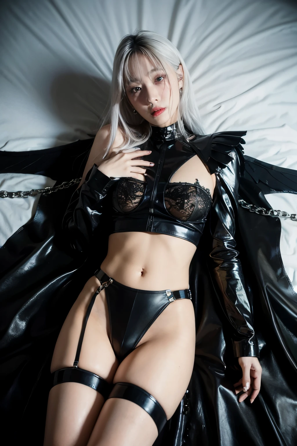 Maiden, bare skin maiden, surrounded by sticky black liquid, tentacles reaching into clothes, lying face up, hands separated by chains, struggle, pain, insertion, black stockings, black bra, silver-white hair, using ice magic, magic suit, black eyes, black ice wings