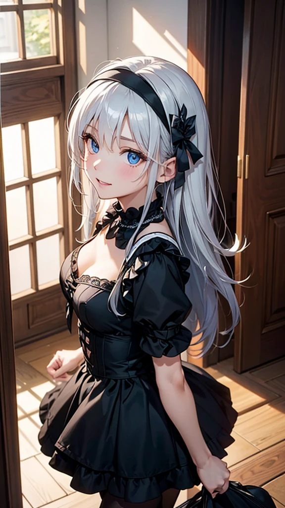 (masterpiece, highest quality, highest quality,official art),(mature woman:1.3),(attractive woman made),((masterpiece, highest quality))、8K、one woman、((30 years old))、((silver hair))、long hair、messy hair、attractive woman、blue eyes、Big eyes、sparkling eyes、Beautifully drawn eyes、smile、small bust、Black Gothic Maid、((white headband))、(look back)、Knee to head、Entrance of a luxurious house、aerial perspective、pure、transparent、Light、Light、Light、