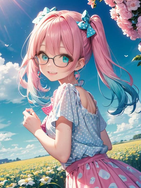 Glasses、小さなgirl、The arrival of spring、big butt、 (alone:1.5,)Super detailed,bright colors, very beautiful detailed anime face and eyes, look straight, ;shiny_skin,girl, ((gradient hair, , Half blue、half pink hair: 1.2)） 、forehead is exposed.、green eyes、shiny hair, delicate beautiful face, blush、(turquoise eyes), White skin, Valletta, earrings,、blue flower field、((ribbon、(Floral、blouse、polka dots、pink skirt)))、twin tails、smile、happy face、face dyed red