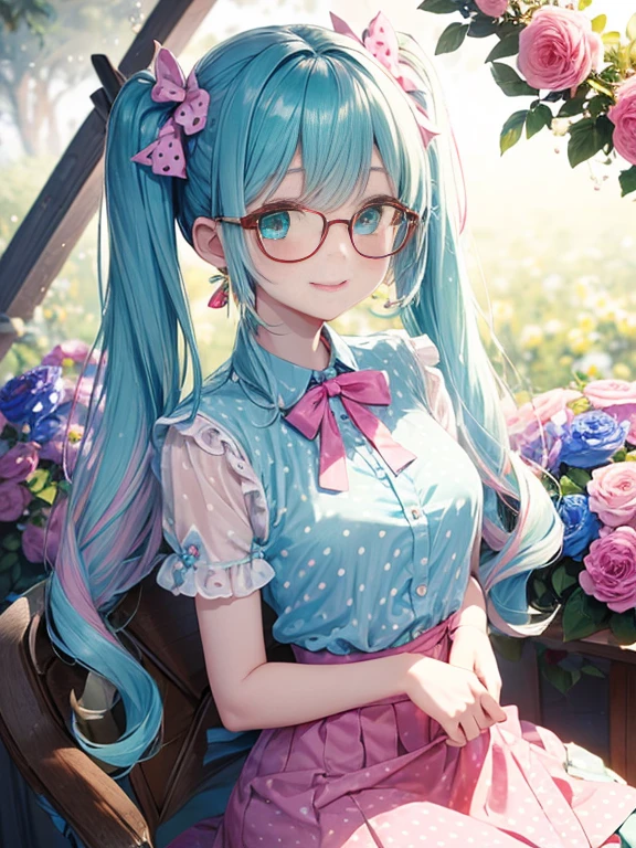 Glasses、小さなgirl、The arrival of spring、big butt、 (alone:1.5,)Super detailed,bright colors, very beautiful detailed anime face and eyes, look straight, ;shiny_skin,girl, ((gradient hair, , Half blue、half pink hair: 1.2)） 、forehead is exposed.、green eyes、shiny hair, delicate beautiful face, blush、(turquoise eyes), White skin, Valletta, earrings,、blue flower field、((ribbon、(Floral、blouse、polka dots、pink skirt)))、twin tails、smile、happy face、face dyed red