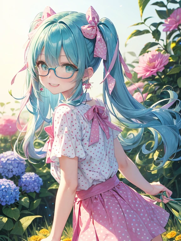 Glasses、小さなgirl、The arrival of spring、big butt、 (alone:1.5,)Super detailed,bright colors, very beautiful detailed anime face and eyes, look straight, ;shiny_skin,girl, ((gradient hair, , Half blue、half pink hair: 1.2)) 、forehead is exposed.、green eyes、shiny hair, delicate beautiful face, blush、(turquoise eyes), White skin, Valletta, earrings,、blue flower field、((ribbon、(Floral、blouse、polka dots、pink skirt)))、twin tails、smile、happy face、face dyed red