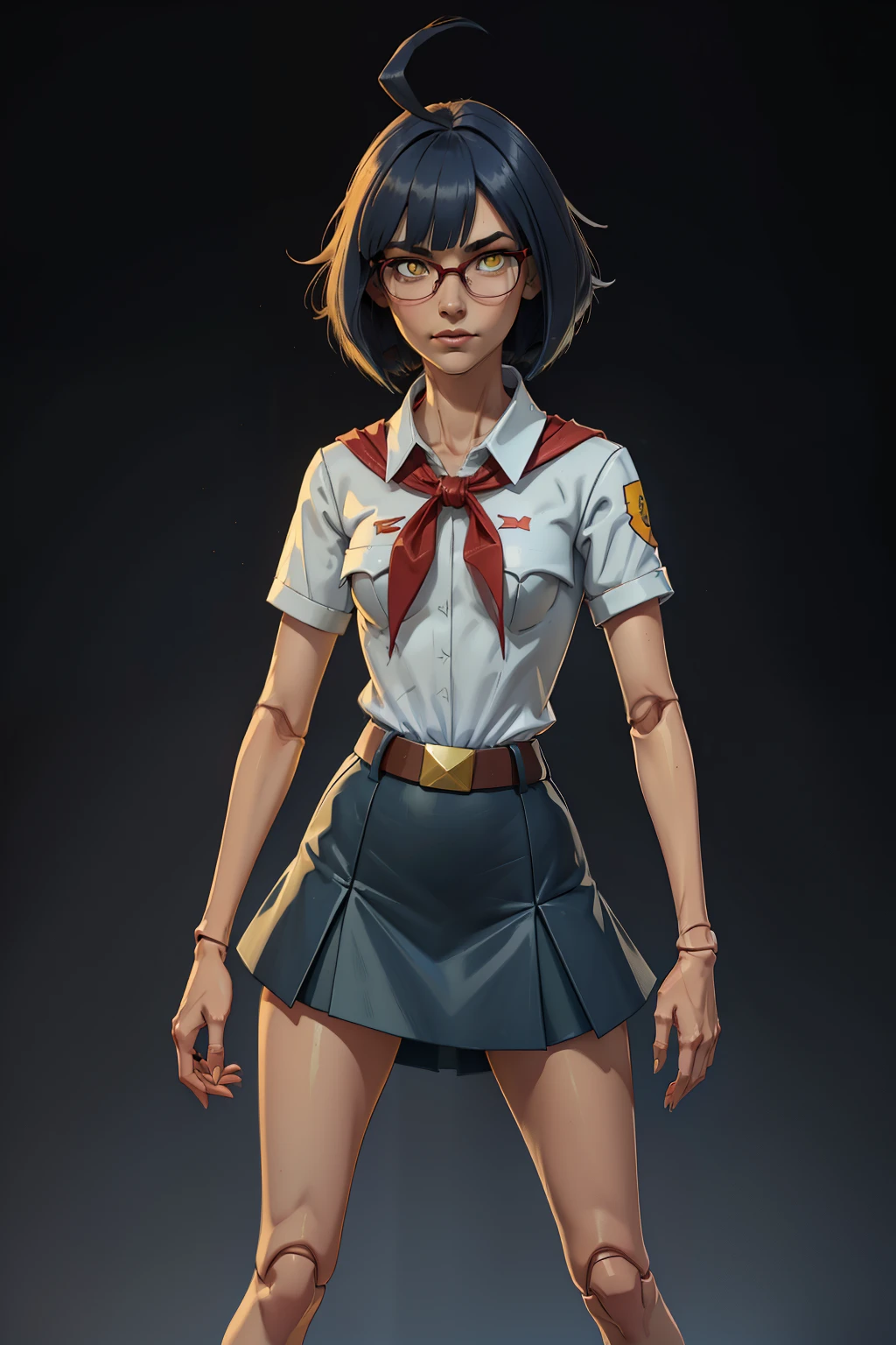 very young slim fit girl, full height, (disheveled bob cut:1.3), (dark blue hair:1.2), (very short hair:1.2), (big yellow eyes:1.3), shy smile, perfect medium breast, look at you, (ahoge:1.4), (megane:1.3), very tight blue microskirt, white shirt, short sleeves, collared shirt, belt, tied shirt, eyelashes, red neckerchief, breast pocket, very long fit leg, narrow hips, simple background, doll joints, android girl, mechanical joints, wires and servos in joints, small neon sensors on body, undersized clothes, skin resembles flesh-colored plastic