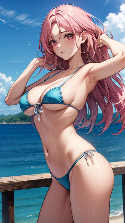 Masterpiece, highest quality, beautiful background, (sea,sky), gravure idol, sexy pose, string bikini, pink hair, pink eyes, the most beautiful woman in the world, the best style, sparkling eyes, detailed eyes, beautiful face,