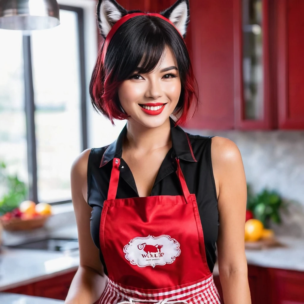 Red and black wolf color short cut hairstyle、Beautiful face with a lovely smile、G cup sexy body、An apron that emphasizes the chest