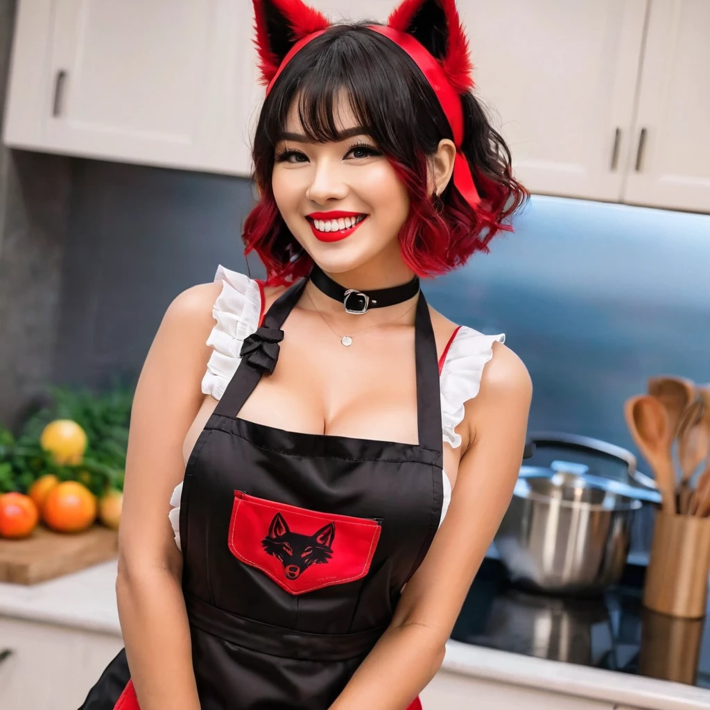 (dynamic angle:1.3, front view:1.1, breast focus:1.3, from above:1.1), (dynamic posing:1.2, sexy posing:1.2), (seductive smiling:1.3), ((looking at cake,Taking a cake out of the golden oven, worried about the outcome:1.2)),highest quality、(real、photorealistic:1.4),(ultra high resolution, 8K RAW photo, clear focus), best qualtiy, natural lighting, field depth, (Bright pupils, detailed beautiful eyes, high detailed face), Red lip, (tight focus:1.2), a girl 22yo old, Wearing a pastry chef uniform:1.3 , Thicc, thin breast, long hair, blue eyes,garter stocking, cleavage:1.2, midriff, black shorts, black thighhighs, thigh strap, pretty girl, (highly detailed beautiful face and eyes,firm breasts),real skin,((black,hair,long pony tail hair)),thin pubic hair,cute,lovely, detailed eyes,(double breasted:1.0,under bust:1.0),(with sparkling eyes and a contagious smile),open mouth, Looking at Viewer,A scene of cooking in the kitchen,looking at the golden oven
