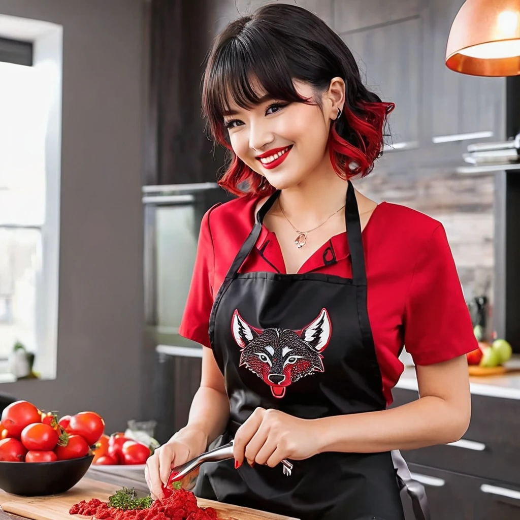 Red and black wolf color short cut hairstyle、Beautiful face with a lovely smile、G cup sexy body、An apron that emphasizes the chest