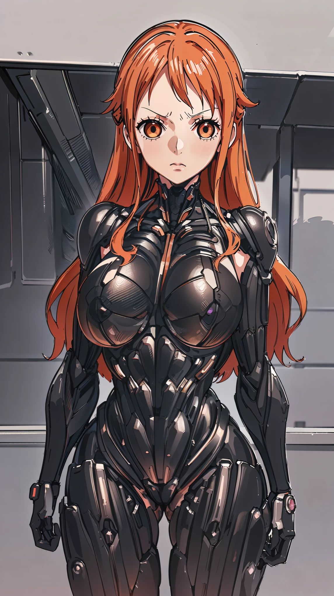 1 girl,NSFW,Nami ,(one piece),orange hair,  clavicle, absurd, brainwashing,empty eyes,((Glowing crimson eyes 1.8)),  (huge breasts 1.2), No expression, emotions are removed,(black nano suit),avert your eyes , 全身shape, ((stand up)),(highest quality、4k、8K、High resolution、must have:1.2)、Super detailed、(reality、reality的なです、reality的な:1.37)、ticker、hyper hd、studio lighting、ultra definition paint、sharp focus、Physically based rendering、extreme details、Professional specifications、vibrancy and color、blurry、sports portrait、landscape、horror style、anime big breasts、SF、photograph、concept artist、five fingers, perfect body,  {{{masterpiece}}}, {{{highest quality}}}, {{Super detailed}}, {shape}, {{very delicate and beautiful}},Improved cost performance、all roles、Canon 5D MK4でphotograph、photograph, 