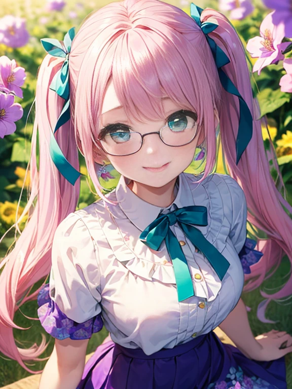 Glasses、小さなgirl、The arrival of spring、big butt、 (alone:1.5,)Super detailed,bright colors, very beautiful detailed anime face and eyes, look straight, ;shiny_skin,girl, ((gradient hair, , Half white、half pink hair: 1.2)） 、forehead is exposed.、green eyes、shiny hair, delicate beautiful face, blush、(turquoise eyes), White skin, Valletta, earrings,、blue flower field、((ribbon、(Floral、blouse、Floral、purple skirt)))、twin tails、smile、happy face、face dyed red