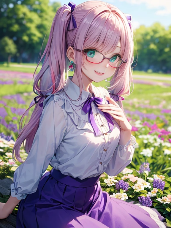 Glasses、小さなgirl、The arrival of spring、big butt、 (alone:1.5,)Super detailed,bright colors, very beautiful detailed anime face and eyes, look straight, ;shiny_skin,girl, ((gradient hair, , Half white、half pink hair: 1.2)) 、forehead is exposed.、green eyes、shiny hair, delicate beautiful face, blush、(turquoise eyes), White skin, Valletta, earrings,、blue flower field、((ribbon、(Floral、blouse、Floral、purple skirt)))、twin tails、smile、happy face、face dyed red