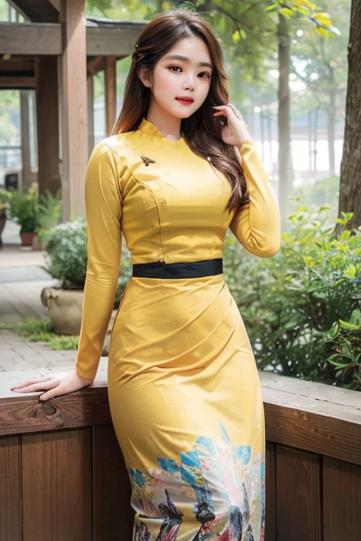 1 girl, solo, seductive look, element of elegance and charm, (masterpiece, best quality, high resolution:1.2), looking at the viewer, standing, (intricate and beautiful:1.2), (detailed light:1.2), (soft light , side light), (high resolution textures), outdoor, Burmese girl, acmm ls outfit, wearing acmm top, yellow acmm top, long sleeves, wearing acmm long skirt, yellow acmm long skirt, printed skirt