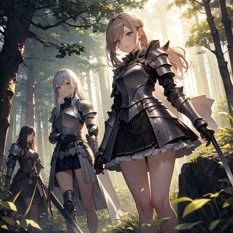 A group of female knight, (in forest), various hair styles, harem, wearing armored clothes, metal armor, night, details face, , short skirt, seducing, sword