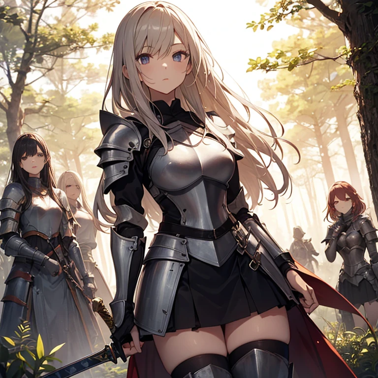 A group of  female knight, (in forest), various hair styles, harem, wearing armored clothes, metal armor, night, details face, , short skirt, seducing, sword 