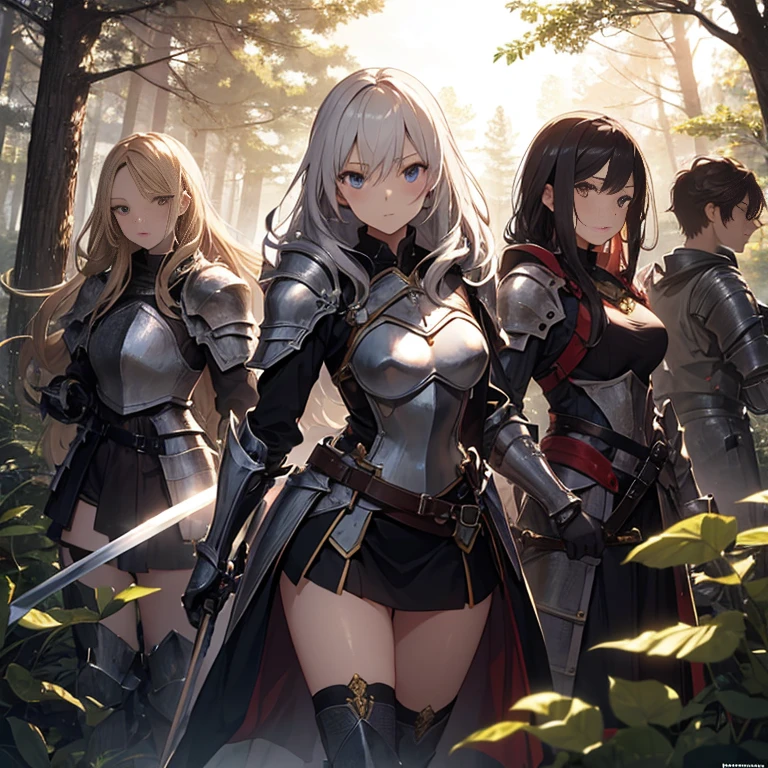 A group of female knight, (in forest), various hair styles, harem, wearing armored clothes, metal armor, night, details face, , short skirt, seducing, sword