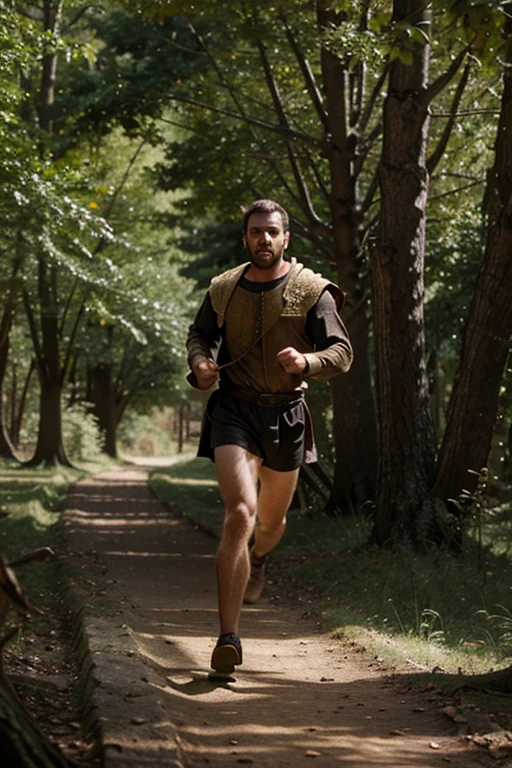 a medieval man running from something on the forest