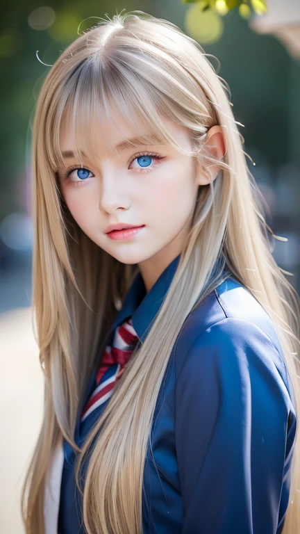 one female , super long hair, Beautiful and cute 14 year old beautiful girl、bangs on a beautiful face、very beautiful face、bright look、beautiful blue eyes, Bright and dazzling platinum blonde、long straight hair、eyebrows behind bangs、school uniform、、textured white skin, high details, best quality, 4k high resolution、Glossy skin、Big, bright light blue eyes that shine so beautifully、very big eyes、round face、