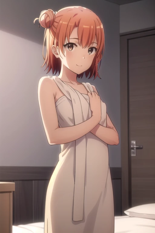 yuiyuigahama, yui yuigahama, short hair, (brown eyes:1.5), (orange hair:1.2), bun hair, single bun hair, smile, naked towel, the room is expensive , break indoors, break looking at viewer, (cowboy shot:1.5), break (masterpiece:1.2), highest quality, High resolution, unity 8k wallpaper, (figure:0.8), (detailed and beautiful eyes:1.6), highly detailed face, perfect lighting, Very detailed CG, (perfect hands, perfect anatomy), (on the bed:1),(Doing a presentation:1.2),(best shadow), (moonlit room:1.1),(soft bed linen:1.1)