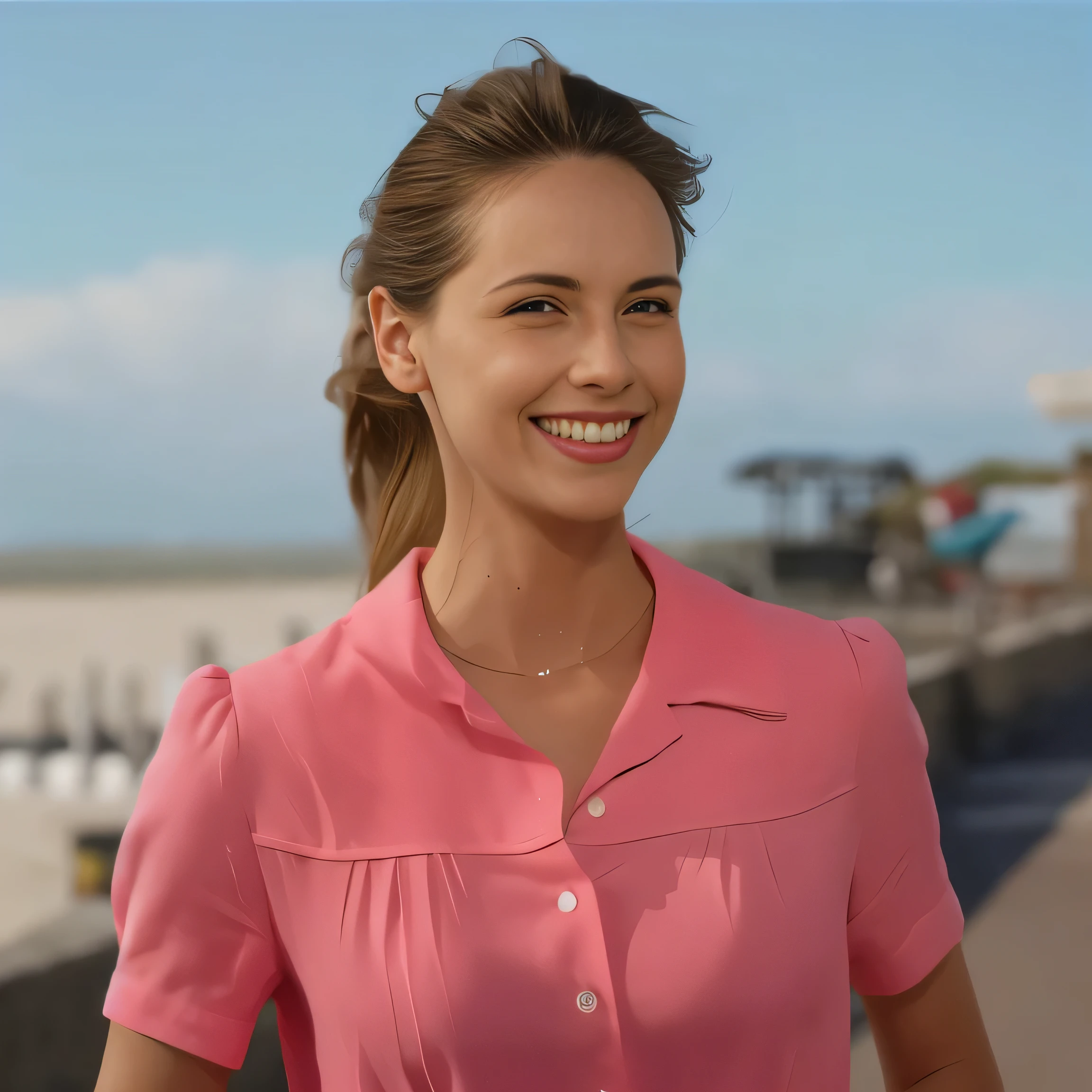 smiling woman in pink shirt standing on pier with beach in background, rendered in arnold, digitally painted, soft portrait shot 8 k, barbara hammer 4 k, near the beach, highly realistic photo, hyper realistic color photo, rendered in corona, beautiful and smiling, a colorized photo, portrait picture, portrait shot, fan art, colorized background, illustration!, portrait image