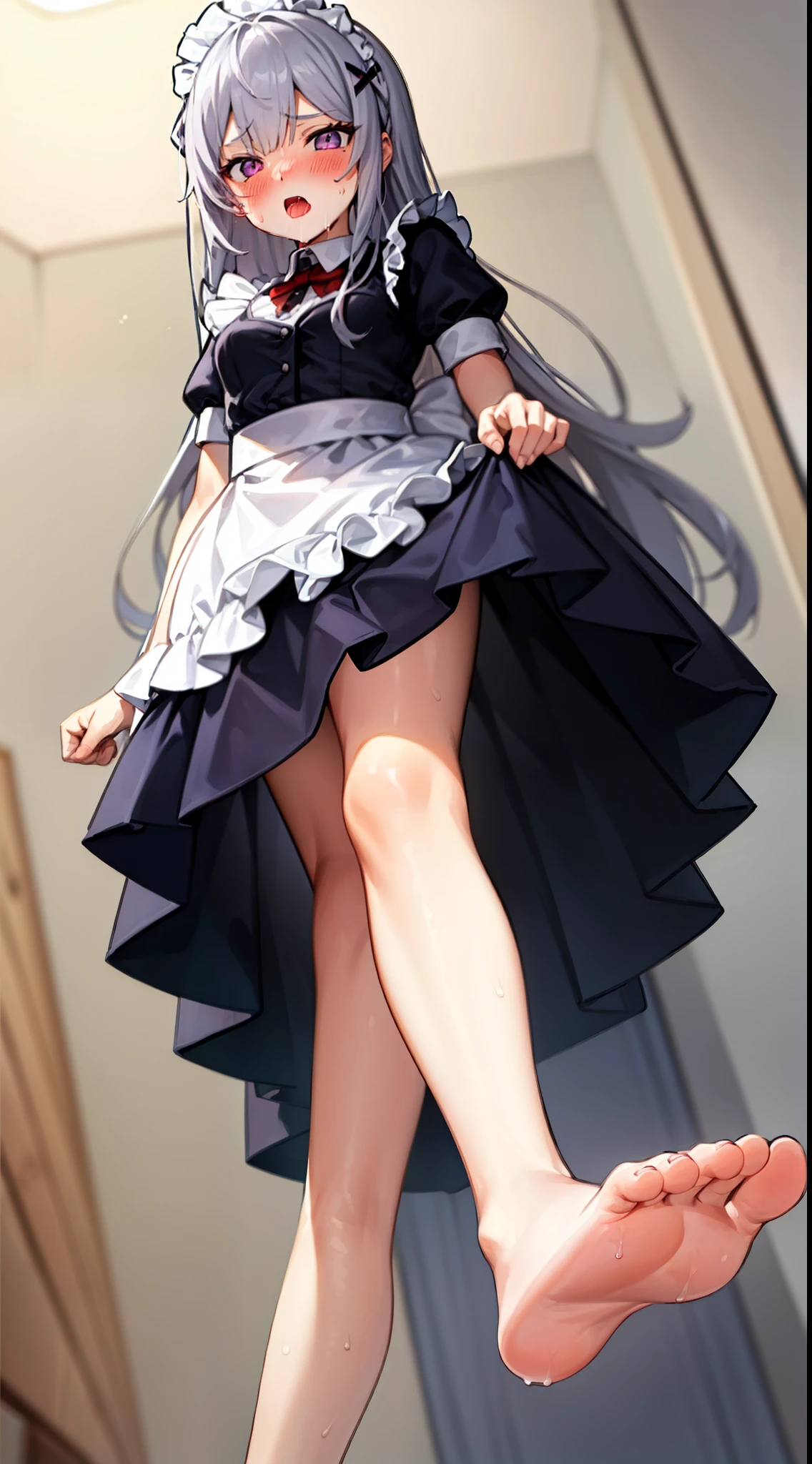 1 girl,gray hair,purple eyes,maid,long hair,Drooping eyes,yandere,2本feet,focus on legs,put your hand on your thigh, X-shaped hair band,from below,half closed eyes,jitome,blush,sweating,bare feet,feet,(5 fingers 1.5),onlys of feet,feet focus,sweating,bare feet,FFA,from below,feetを上げる,only,feet,Ultra-fine illustration looking at the viewer, perfect anatomy, highest quality, hire, great shading, beautiful skin, 1 , blush your nose, saliva, ecstasy,  close your eyes,   full body, sex, 