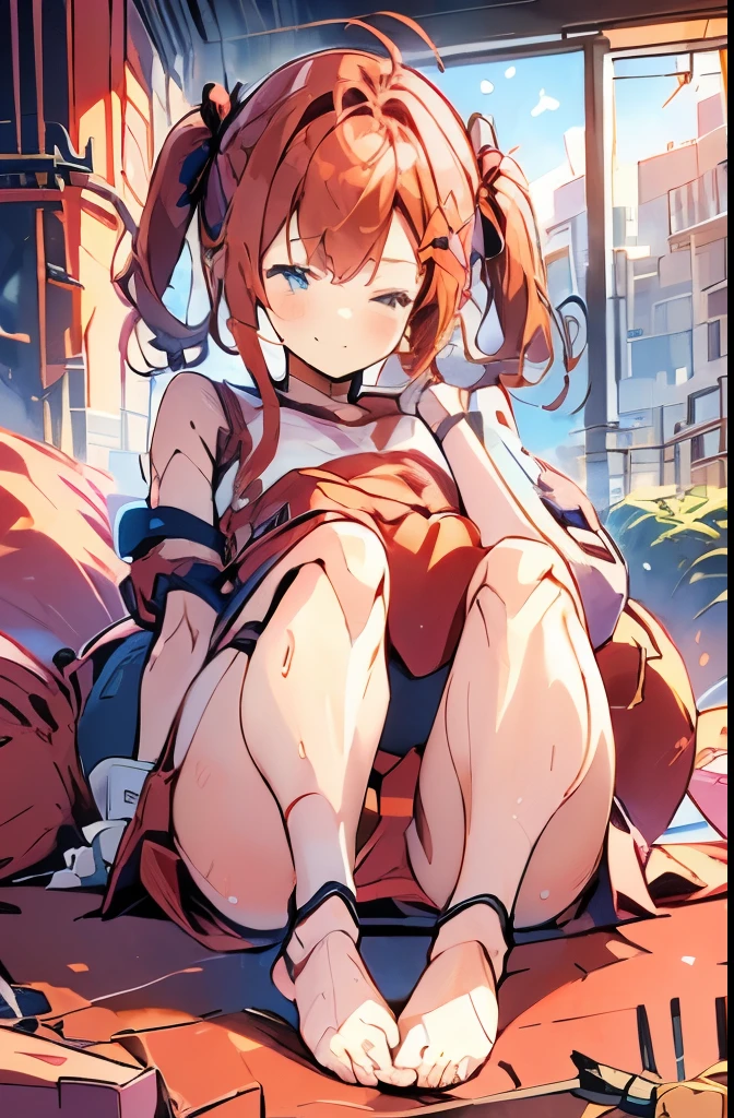 A Female robot is sleeping in bedroom, spread legs, nude, banzai pose. she wears no dress. She Brown short hair is tied with two big red clothespins, She lifts up the under hem of her white plain dress, leaning over, masterpiece, very short pigtails,brown hair, mature, android, blue eyes, full body figure, Height: 160cm, flushed cheeks, 2020s anime picture, A beautiful robot with short brown hair in two short pigtails held up by two very large huge red clothespins, Uplifting, No NSFW, whole body, barefoot, archaic smile, getting orgasm, 25 years old, sweat bucket.