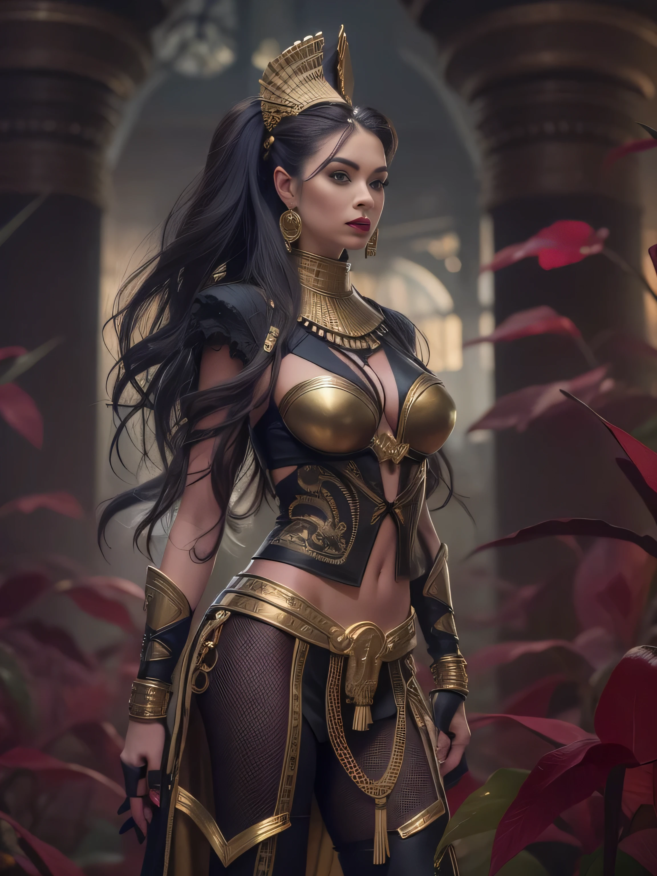 Full body of a fantasy sexy sensual beautiful warrior woman, tall body, slim figure, aristocratic face, long black braided hair, black eyes, red lips, long graceful neck, metal and leather armor, leather boots, gold collars, gold earrings, densely overgrown with plants behind Egyptian pyramid, smoke, swirling fog, 3D, elaborate fine details, dusk, faded dark colors