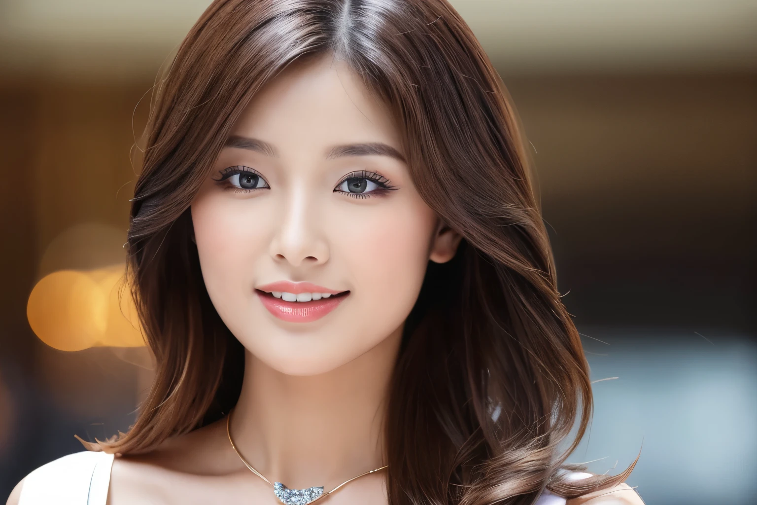 (best quality,highres), beautiful young female news anchor with a well-defined facial contour and long, flowing chestnut hair. She has incredibly detailed irises that sparkle in various shades, giving her eyes a mesmerizing allure. Her face is perfectly shaped and her skin radiates a natural glow. She possesses luscious and juicy lips, which form a captivating smile that can instantly captivate the audience. Her eyelashes are thick and voluminous, accentuating her expressive eyes. She wears elegant earrings and hair accessories, adding a touch of sophistication to her appearance. As she presents the news, her cheeks turn a charming shade of red, reflecting her enthusiasm and passion for her work. She is dressed in a sleek black mini skirt that perfectly complements her professional image. A delicate necklace adorns her neck, enhancing her graceful look. The lighting in the studio is flawlessly executed, casting perfect shadows that highlight her features. The overall anatomy and details of the news anchor are portrayed with extreme precision, creating a realistic and photorealistic representation.