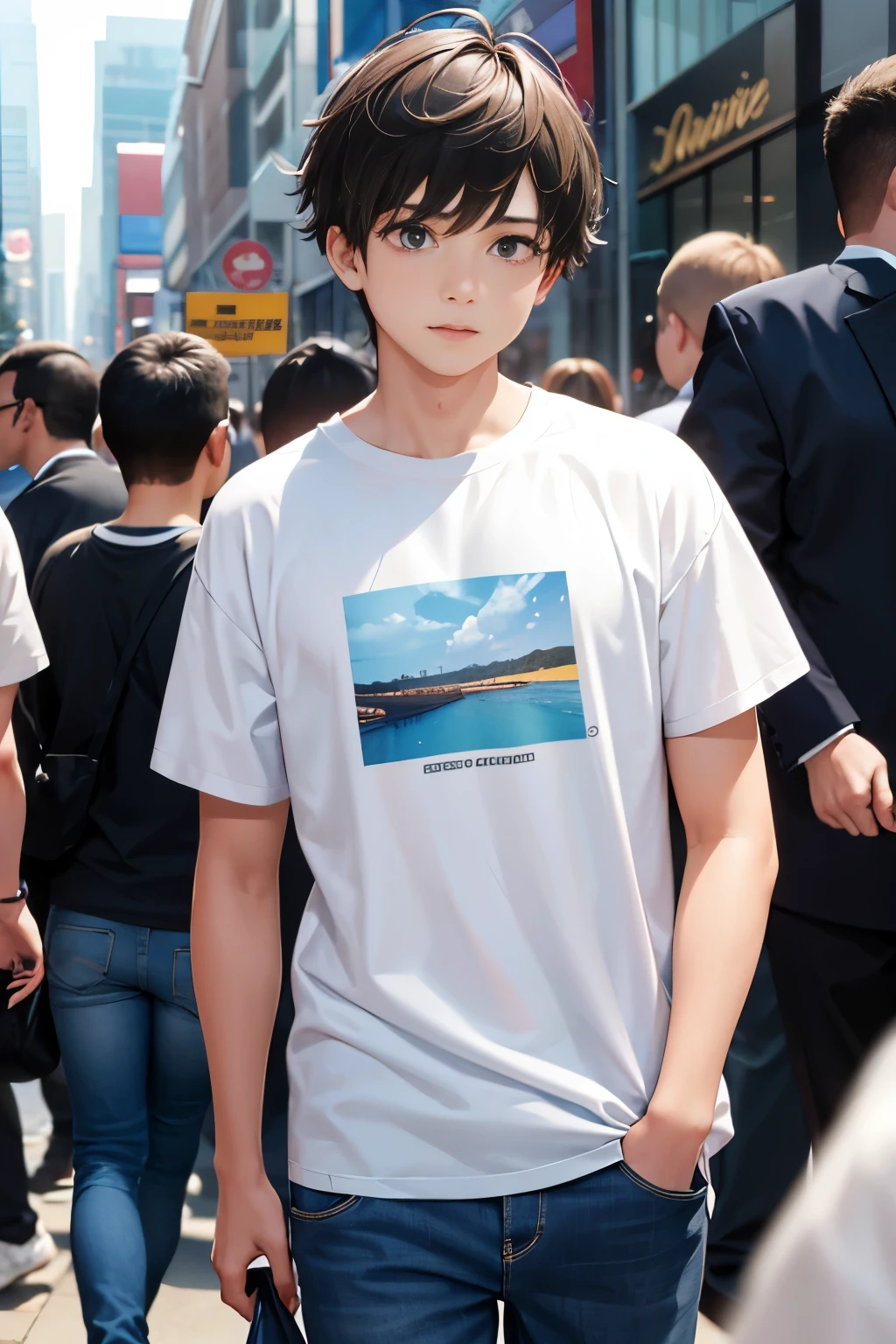 In the heart of the bustling crowd, a young boy stands out with his vibrant, high-quality (HQ) image. His features are intricately detailed and realistically rendered, his skin smooth and glowing under the top light, catches everyone's attention. Dressed casually in a t-shirt and jeans, his bright eyes are filled with curiosity and excitement, as if he's about to discover something new. With short, messy hair and a determined expression, he's unmissable in the midst of the sea of people. Captured in cinematic style, using a low camera angle and an ISO of 200, this image is sure to leave an unforgettable