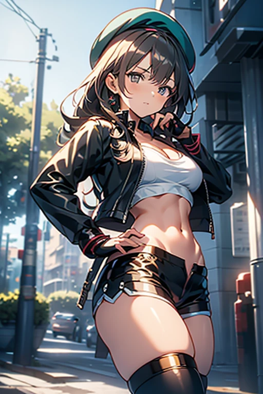 ubel,dark green hair,long hair,side ponytail,hair between eyes,bangs, BREAK (beret, black jacket, open clothes, cleavage, midriff, black shorts, black thighhighs, thigh strap, fingerless gloves, single glove:1.2) BREAK blurry background, BREAK pose, hand on hip, BREAK (masterpiece:1.2), best quality, high resolution, unity 8k wallpaper, (illustration:0.8), (beautiful detailed eyes:1.6), extremely detailed face, perfect lighting, extremely detailed CG, (perfect hands, perfect anatomy),
