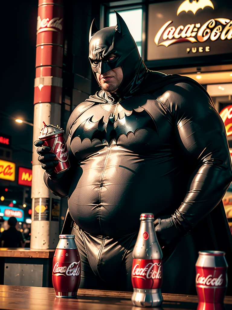 hyperrealism, (photorealistic:1.2), (film grain:1.3), masterpiece, best quality, perfect detail, cinematic lighting, professional photo, realistic photo, raw photo, Marvel style, obese Batman in a bat suit, fat Batman, with a can Coca-Cola, against the background of fast food, McDonald's