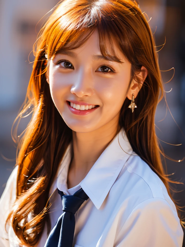 Orange hair bob white eyes golden earrings white blouse black ribbon tie, (8k, RAW photo, best quality, masterpiece:1.2), ultra detailed, (realistic, photo realistic:1.37), portrait, high detail RAW color photo, an extremely delicate and beautiful, extremely detailed, extremely detailed skin, famous japanese idol, kawaii, fair skin, smile, cute, realistic face, (selfie:1.1)