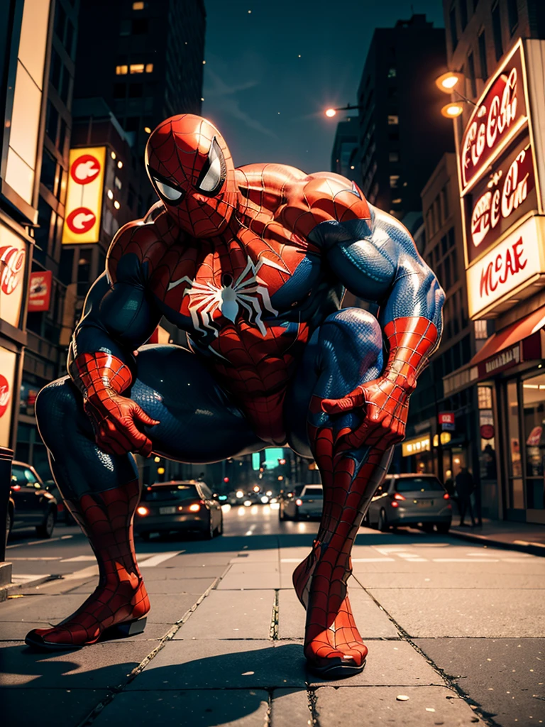 hyperrealism, (photorealistic:1.2), (film grain:1.3), masterpiece, best quality, perfect detail, cinematic lighting, professional photo, realistic photo, raw photo, Marvel style, obese Spider man, with a can Coca-Cola, against the background of fast food, McDonald's