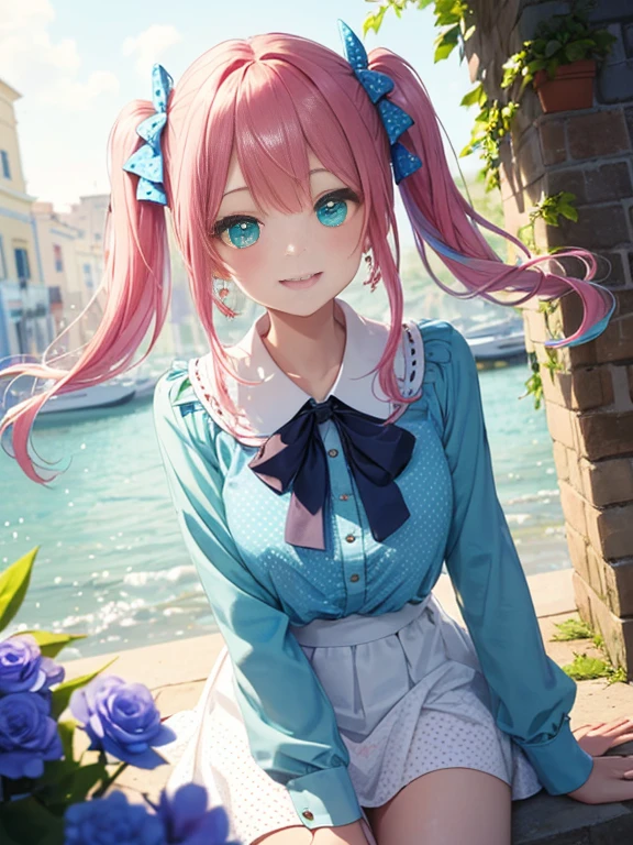 Glasses、小さなgirl、The arrival of spring、big butt、 (alone:1.5,)Super detailed,bright colors, very beautiful detailed anime face and eyes, look straight, ;shiny_skin,girl, ((gradient hair, , Half blue、half pink hair: 1.2)） 、forehead is exposed.、green eyes、shiny hair, delicate beautiful face, blush、(turquoise eyes), White skin, Valletta, earrings,、blue flower field、((ribbon、(Floral、blouse、polka dots、white skirt)))、twin tails、smile、happy face、face dyed red