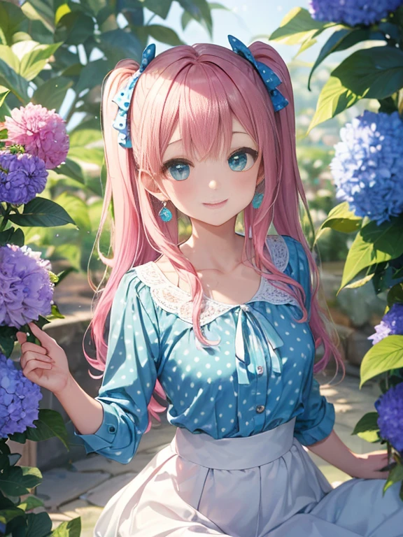 Glasses、小さなgirl、The arrival of spring、big butt、 (alone:1.5,)Super detailed,bright colors, very beautiful detailed anime face and eyes, look straight, ;shiny_skin,girl, ((gradient hair, , Half blue、half pink hair: 1.2)) 、forehead is exposed.、green eyes、shiny hair, delicate beautiful face, blush、(turquoise eyes), White skin, Valletta, earrings,、blue flower field、((ribbon、(Floral、blouse、polka dots、white skirt)))、twin tails、smile、happy face、face dyed red