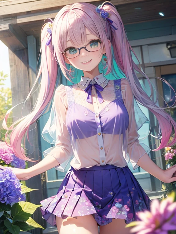 Glasses、小さなgirl、The arrival of spring、big butt、 (alone:1.5,)Super detailed,bright colors, very beautiful detailed anime face and eyes, look straight, ;shiny_skin,girl, ((gradient hair, , Half white、half pink hair: 1.2)) 、forehead is exposed.、green eyes、shiny hair, delicate beautiful face, blush、(turquoise eyes), White skin, Valletta, earrings,、blue flower field、((ribbon、(Floral、See-through、blouse、Floral、Light purple skirt)))、twin tails、smile、happy face、face dyed red