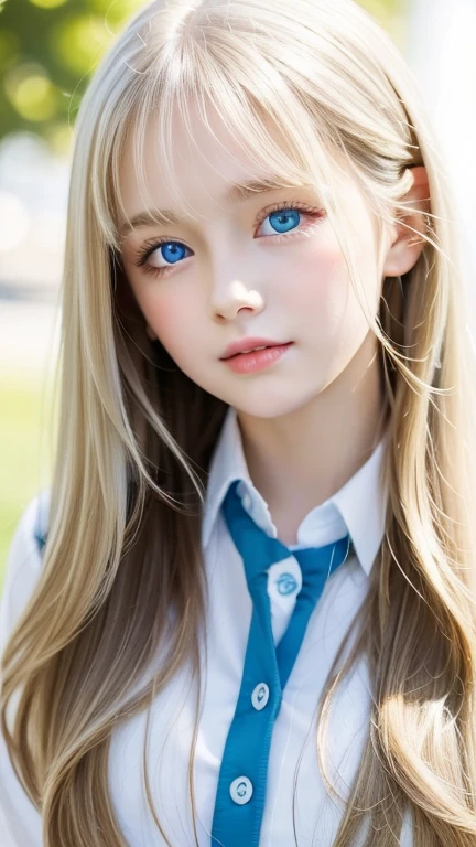 one female , super long hair, Beautiful and cute 14 year old beautiful girl、bangs on a beautiful face、very beautiful face、bright look、beautiful blue eyes, Bright and dazzling platinum blonde、long straight hair、eyebrows behind bangs、school uniform、、textured white skin, high details, best quality, 4k high resolution、Glossy skin、Big, bright light blue eyes that shine so beautifully、very big eyes、round face、