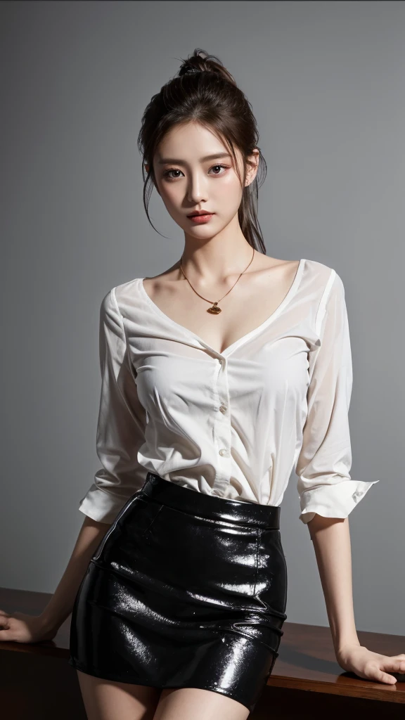 身穿White shirt和黑裙子的阿拉菲德亚洲女性摆姿势拍照, wearing a shirt, Korean female fashion model, 穿着White shirt, 精美的White shirt, wearing shirt, Gorgeous young Korean woman, wearing white silk, 穿着White shirt, White shirt, Fair, smooth and translucent skin, Photo of slim girl model, Beautiful Korean woman