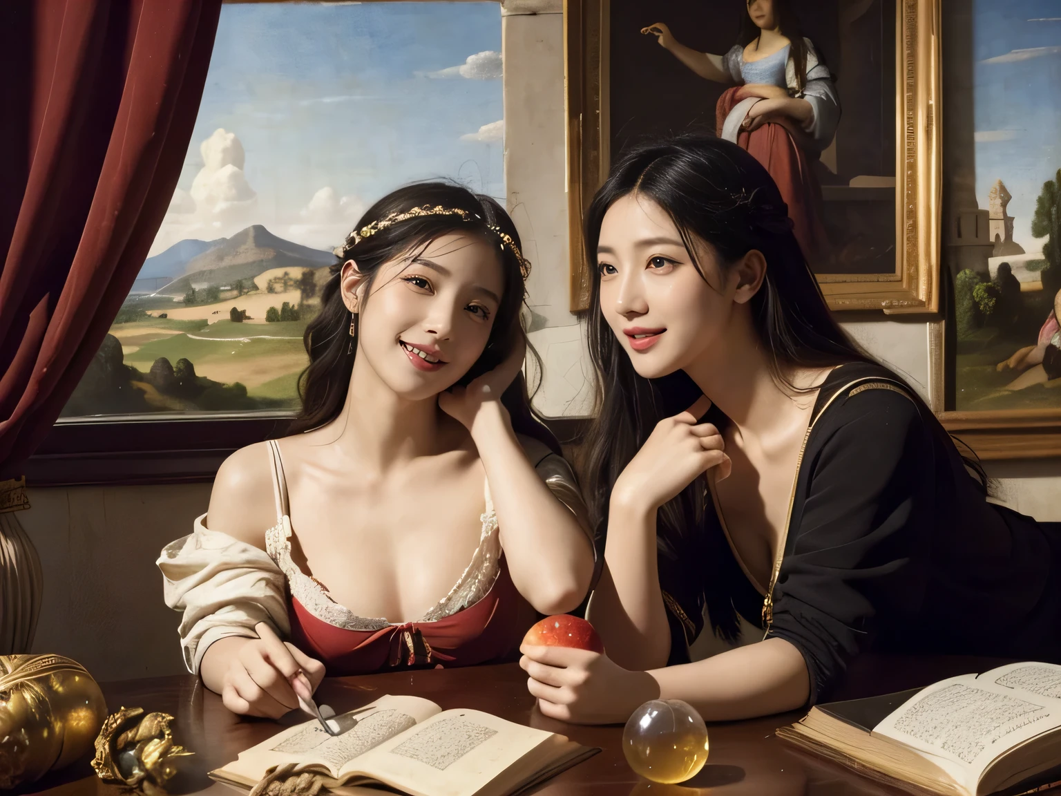 Giorgione painting style,Arguments of two female Philosophe,math、astronomical machine、astronaut、roses in vase、fruits、Cute trinkets、smile、ancient greek costume、Ancient Roman landscape in the style of Nicolas Poussin,laughter,,Sweet and seductive appearance.、Caravaggio's paintings、Chiaroscuro of Caravaggio、hair tousled by the wind,Two women frolicking,cute smile, expression of ecstasy,Sexy,erotic