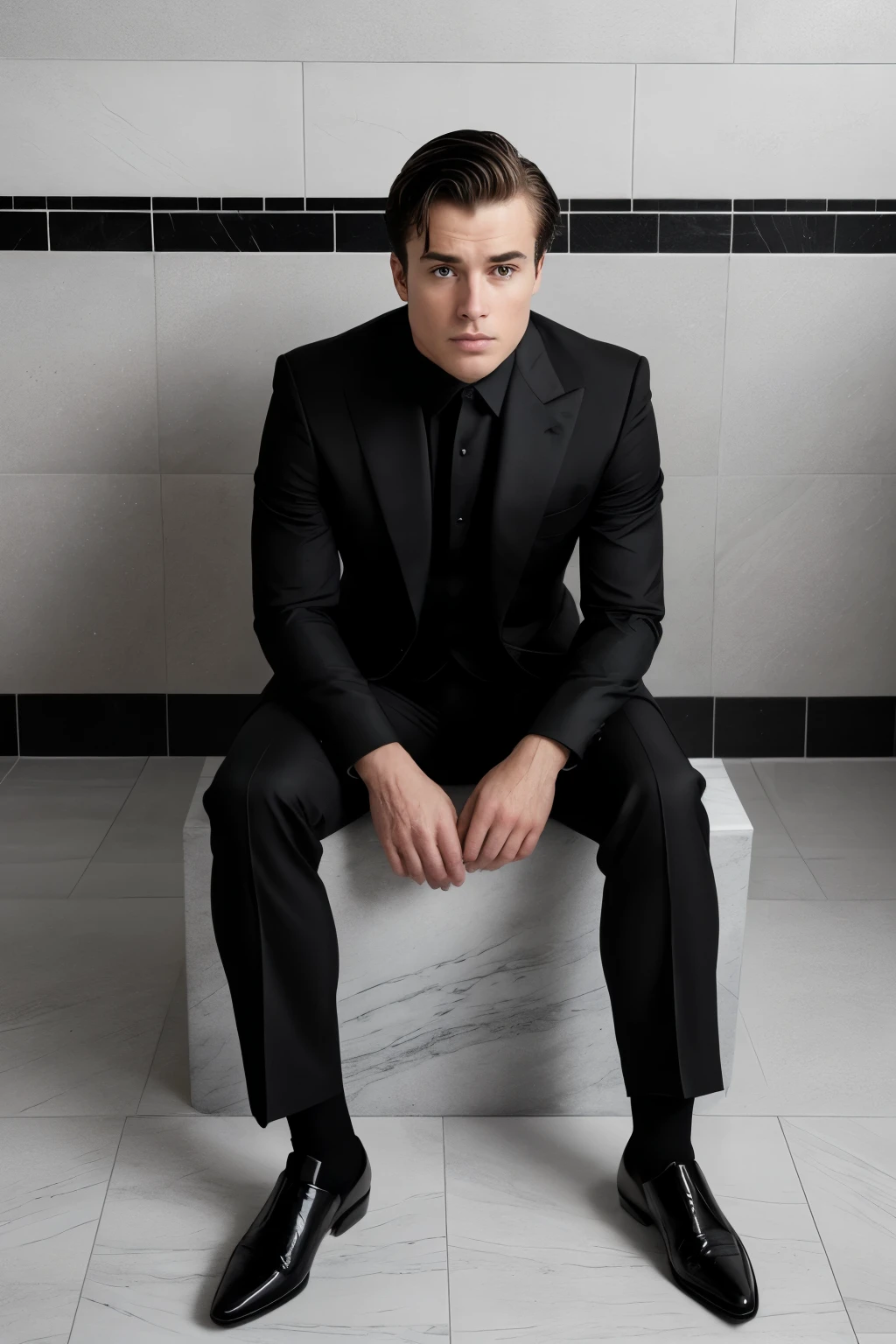 An exquisite photograph of a young, handsome man in his prime, clad only in a sleek black suit from the waist up. His countenance is a picture of distress as he sits on a sumptuous, marble-tiled toilet, grasping his abdomen in anguish. The reason for his discomfort is evident as his trousers reveal an unpleasant consequence of an intense bout of constipation. An unsightly stain spreads out beneath him on the polished floor, adding to the overall atmosphere of seriousness and embarrassment. The shot offers a candid glimpse into an awkward moment of discomfort and vulnerability. --s2 (masterpiece, raw, photorealistic,