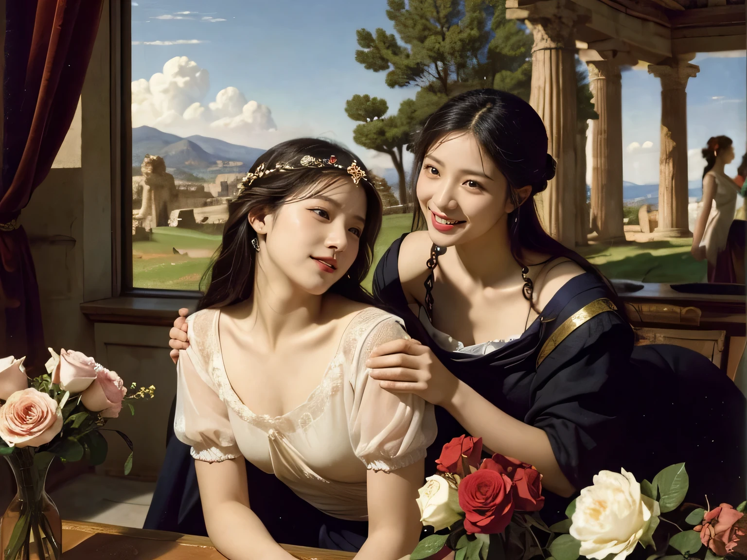 Giorgione painting style,Arguments of two female Philosophe,math、astronomical machine、astronaut、roses in vase、fruits、Cute trinkets、smile、ancient greek costume、Ancient Roman landscape in the style of Nicolas Poussin,laughter,,Sweet and seductive appearance.、Caravaggio's paintings、Chiaroscuro of Caravaggio、hair tousled by the wind,Two women frolicking,cute smile, expression of ecstasy,Sexy,erotic