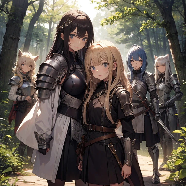 A group of female knight, (in forest), various hair styles, harem, wearing armored clothes, metal armor, night, details face, , short skirt, seducing, sword