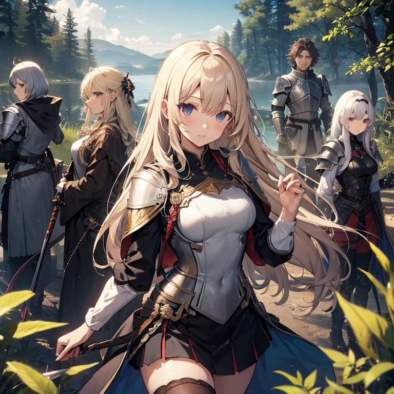 A group of female knight, (in forest), various hair styles, harem, wearing armored clothes, metal armor, night, details face, , short skirt, seducing, sword
