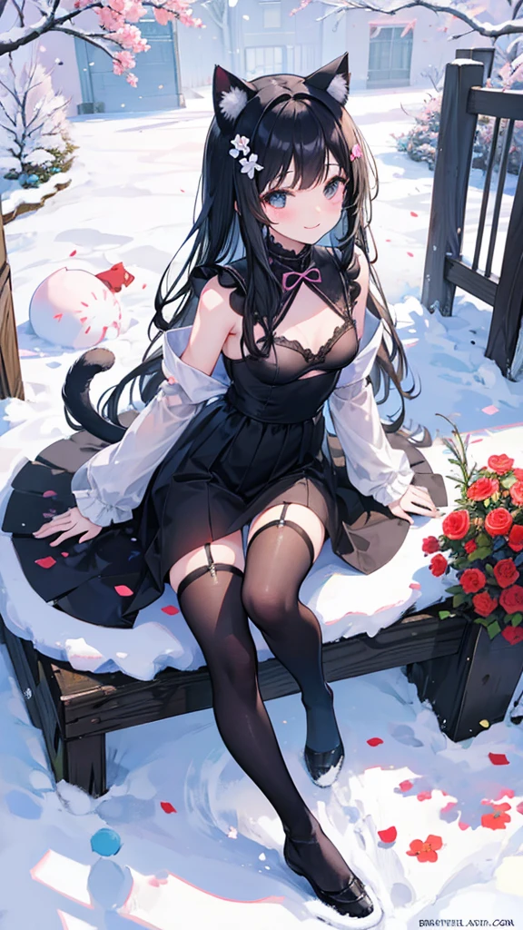 、Cat ear、tail、black hair、Small breasts、small breasts、snow、flower garden、Clothes、smile