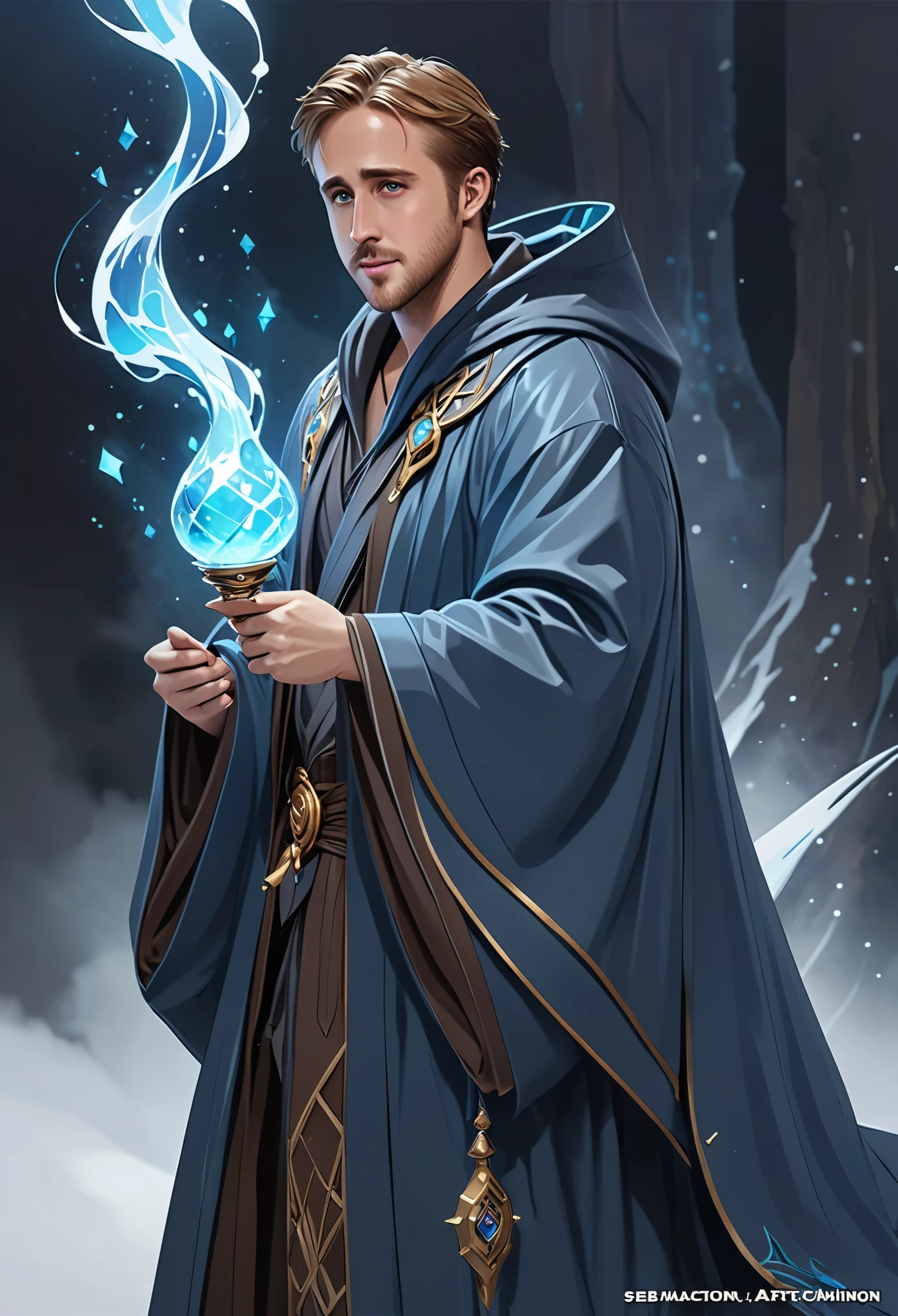 Ryan Gosling in wizard robes, cryomancer, D&Art, 幻想Art, by Seb MacKinnon, detailed, Popular topics on ArtStation, magic: reunion