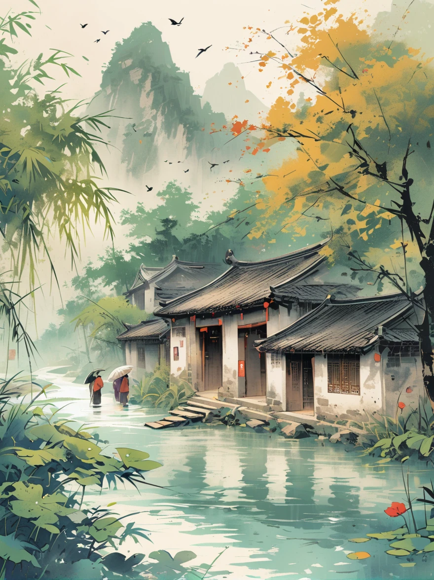 Qiman.com,  a river，There is a boat in the water，There is an island on a mountain, ink painting, Chinese style, 