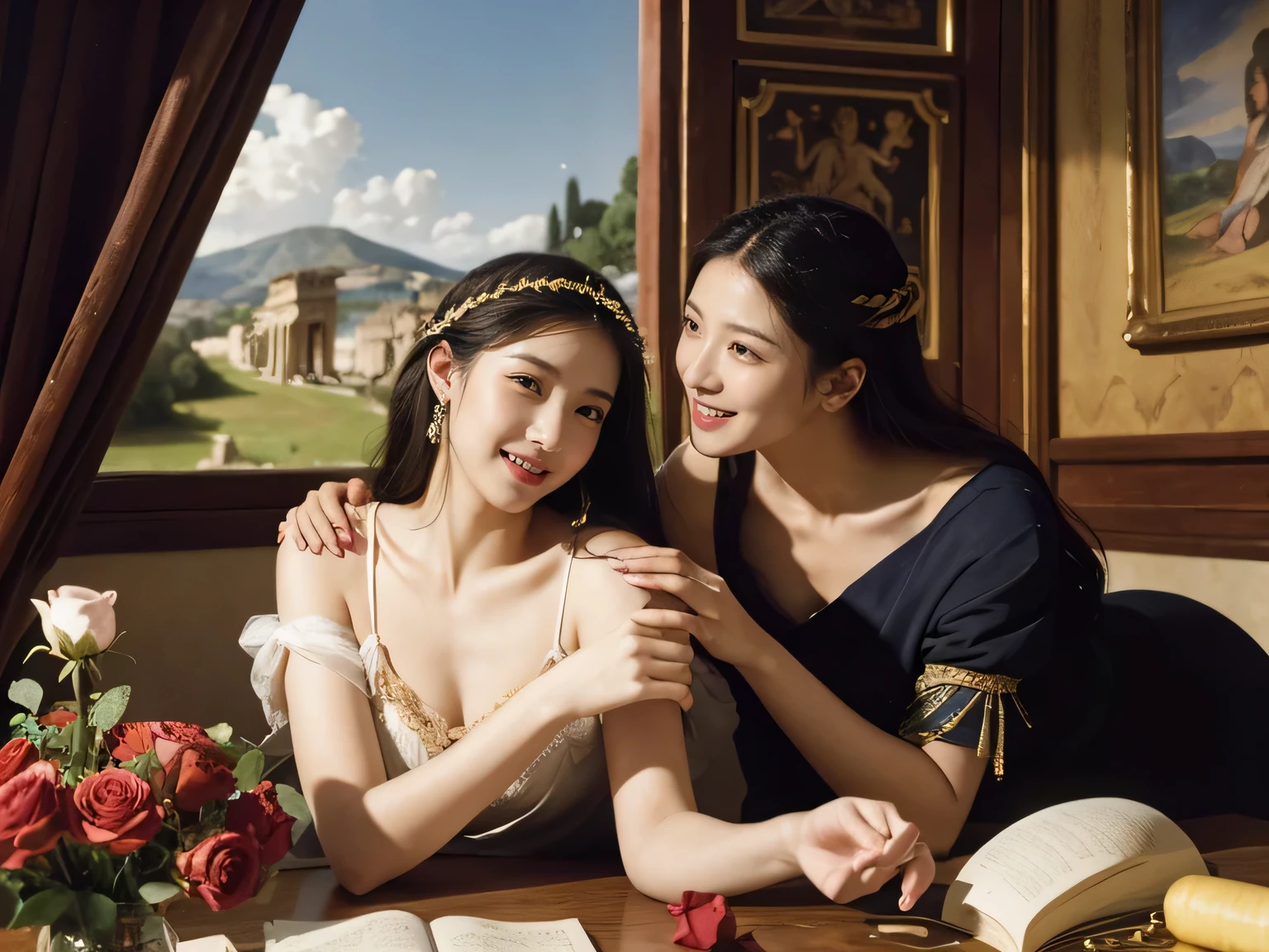 Giorgione painting style,Arguments of two female Philosophe,math、astronomical machine、astronaut、roses in vase、fruits、Cute trinkets、smile、ancient greek costume、Ancient Roman landscape in the style of Nicolas Poussin,laughter,,Sweet and seductive appearance.、Caravaggio's paintings、Chiaroscuro of Caravaggio、hair tousled by the wind,Two women frolicking,cute smile, expression of ecstasy,Sexy,erotic
