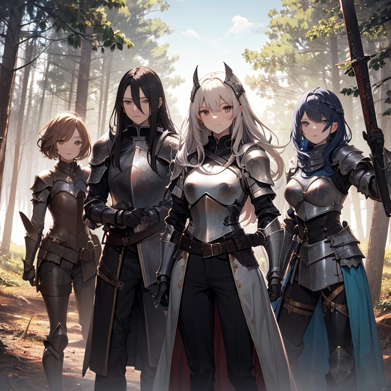 A group of  female knight, (in forest), various hair styles, harem, wearing armored clothes, metal armor, night, details face, trousers, seducing, sword, 