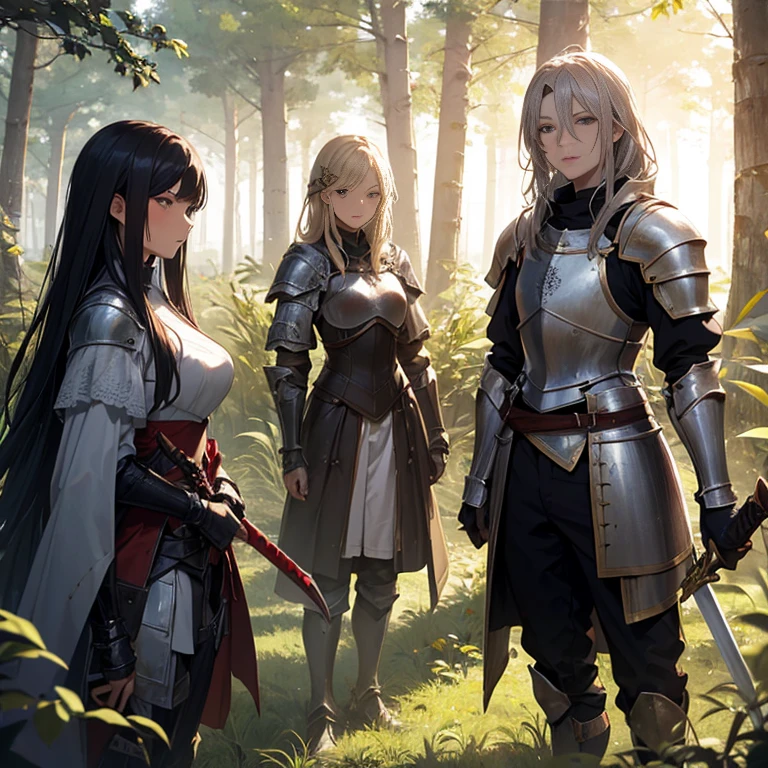 A group of  female knight, (in forest), various hair styles, harem, wearing armored clothes, metal armor, night, details face, trousers, seducing, sword, 