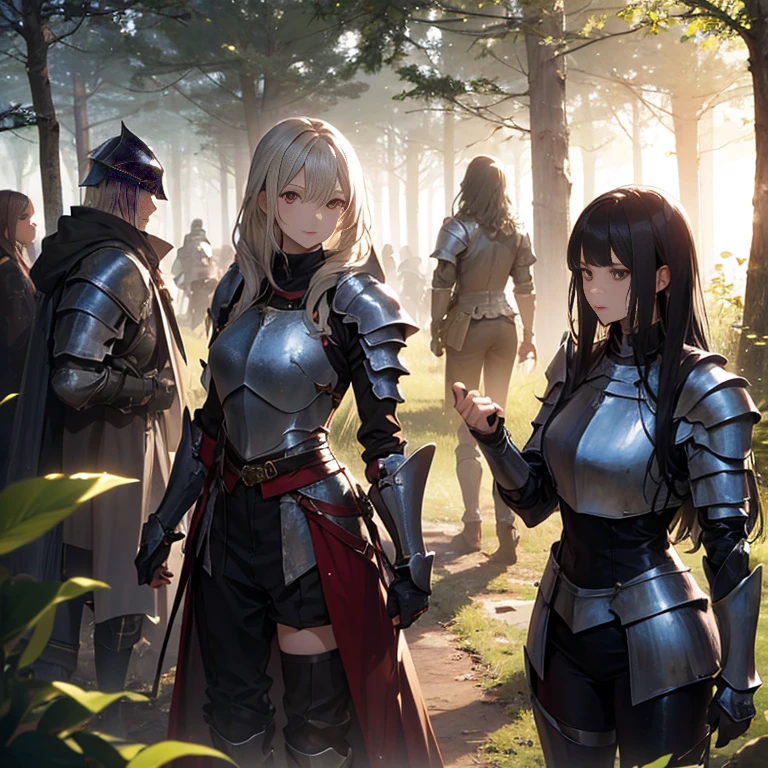 A group of female knight, (in forest), various hair styles, harem, wearing armored clothes, metal armor, night, details face, trousers, seducing, sword,