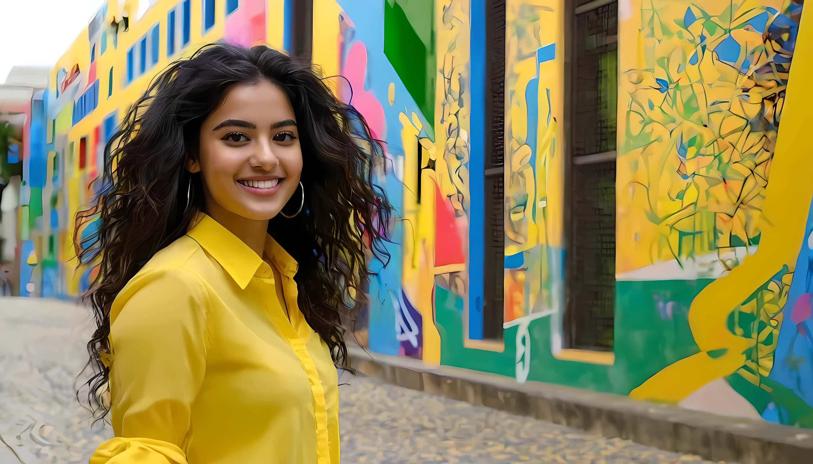 Describe a vibrant and dynamic scene of a 26-year-old Brazilian student walking across a university campus. She's wearing a yellow blouse , representando seu curso de arquiterura, and your face is lit by a contagious smile. Your hair is straight BLACK, have colorful locks that add a touch of youthfulness and creativity to your look. Enquanto ela anda, a trail of modern paintings and graffiti unfolds behind her, portraying the diversity and energy of the academic environment. Essas obras de arte expressam a multiplicidade de culturas, ideas and perspectives that flourish within the university community, creating an inspiring and lively setting. 4k