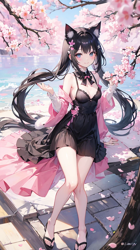 、Cat ear、tail、black hair、Small breasts、small breasts、cherry blossoms、flower garden、Clothes、smile