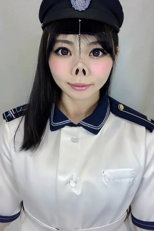 1 girl, alone, looking at the viewer, Japanese,Japanese 少女,police uniform,face focus,face focus,face close up,random hair,False lashes,Narrow eyes,naughty smile,thick lips,police hat,handcuff,Inside the police station,